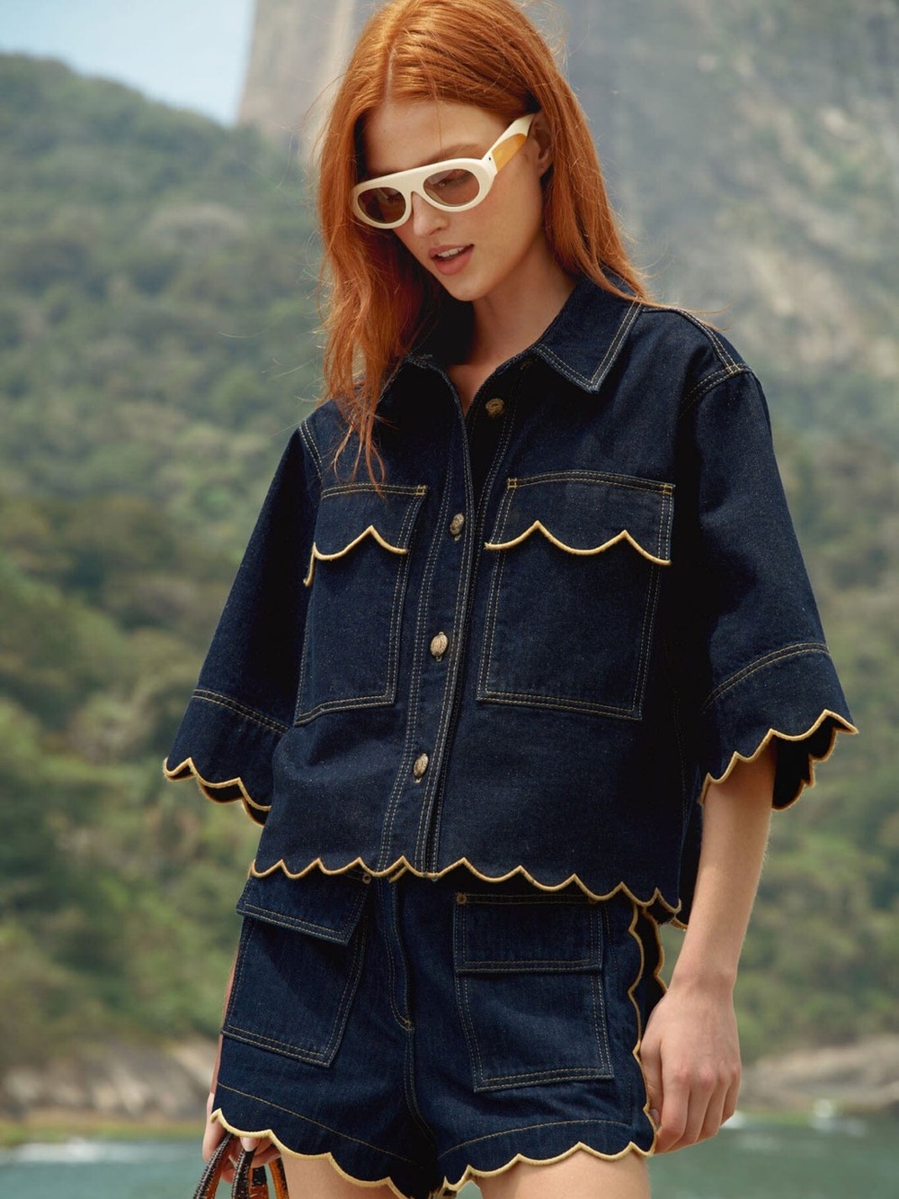 Farm Rio Scalloped Denim Two Piece Set